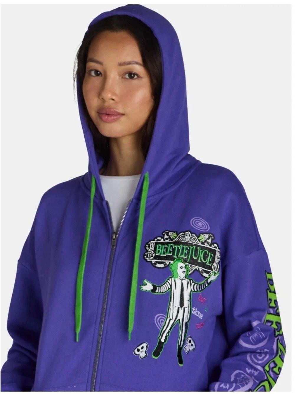 Purple Beetlejuice Graphic Zip Hoodie with Green Drawstrings - Size: Medium - Picture 10 of 10